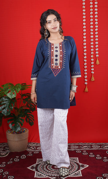 Navy Blue Embroidered Kurti with White Palazzo – Stylish Ethnic Set