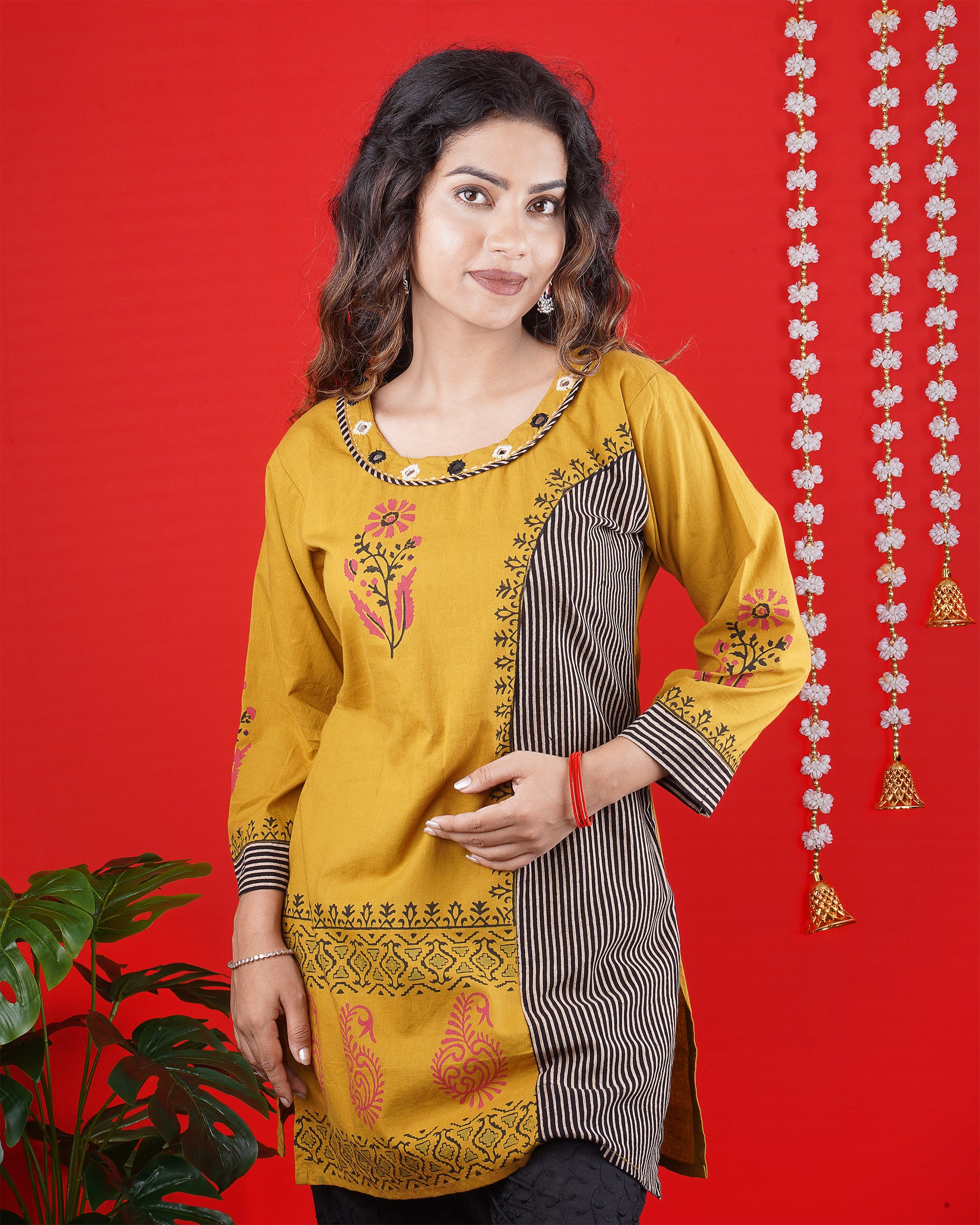 Mustard Yellow Printed Kurti with Striped Panel – Casual & Festive Wear