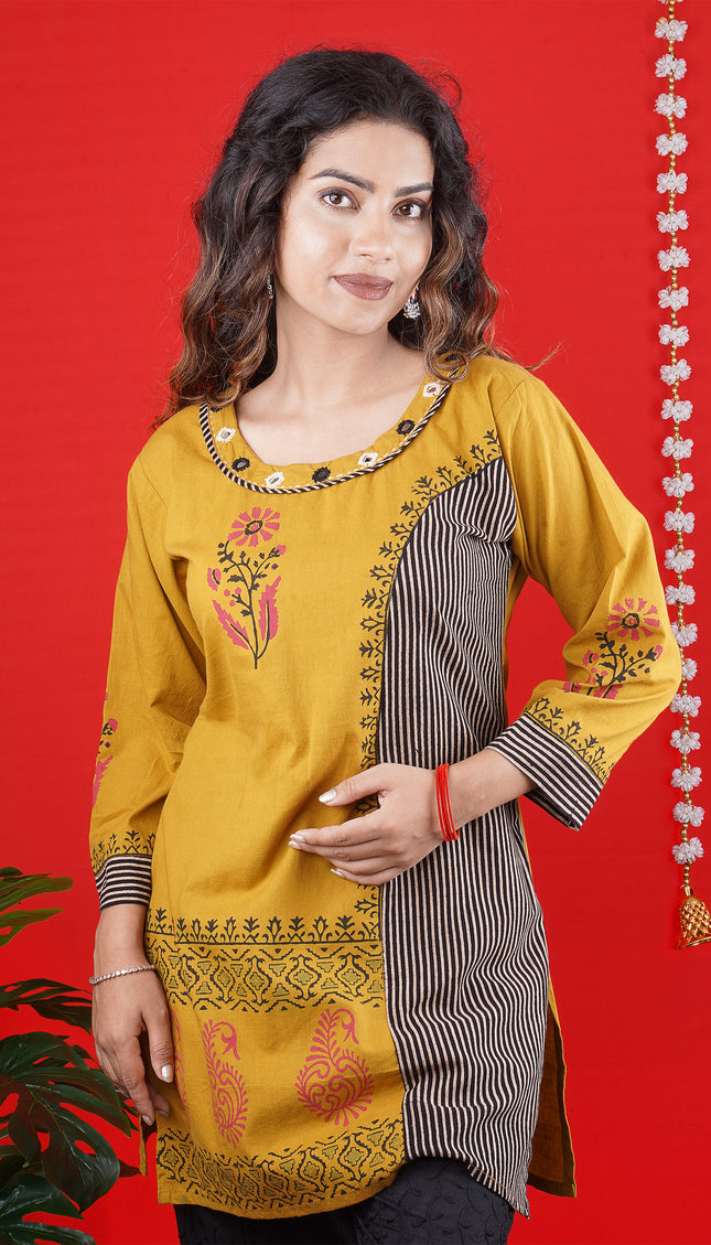 Mustard Yellow Printed Kurti with Striped Panel – Casual & Festive Wear