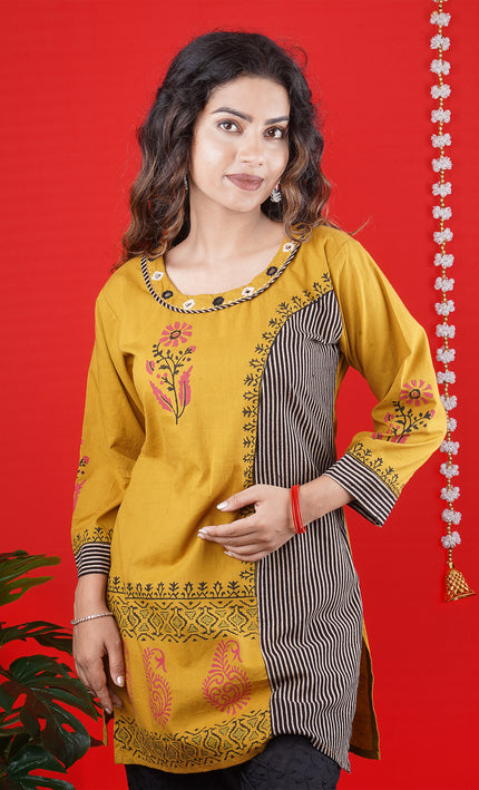 Mustard Yellow Printed Kurti with Striped Panel – Casual & Festive Wear