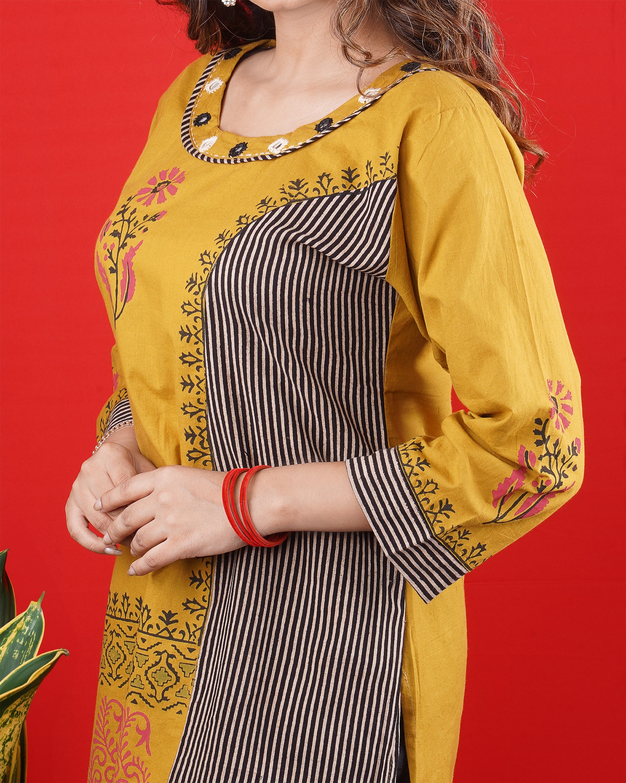Mustard Yellow Printed Kurti with Striped Panel – Casual & Festive Wear