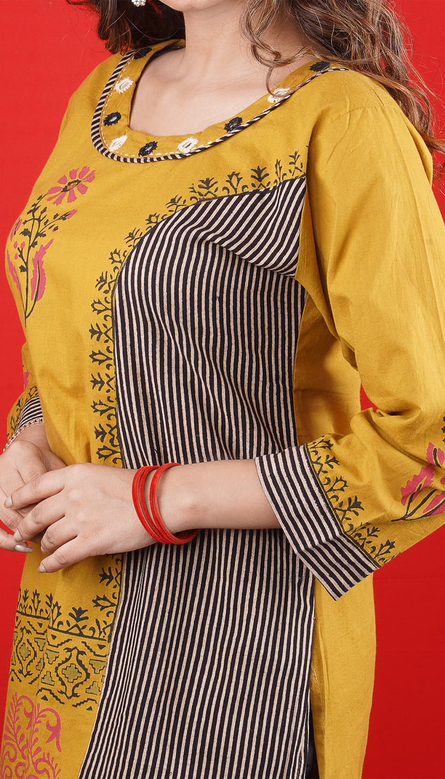 Mustard Yellow Printed Kurti with Striped Panel – Casual & Festive Wear