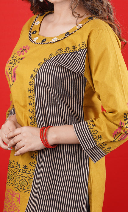 Mustard Yellow Printed Kurti with Striped Panel – Casual & Festive Wear