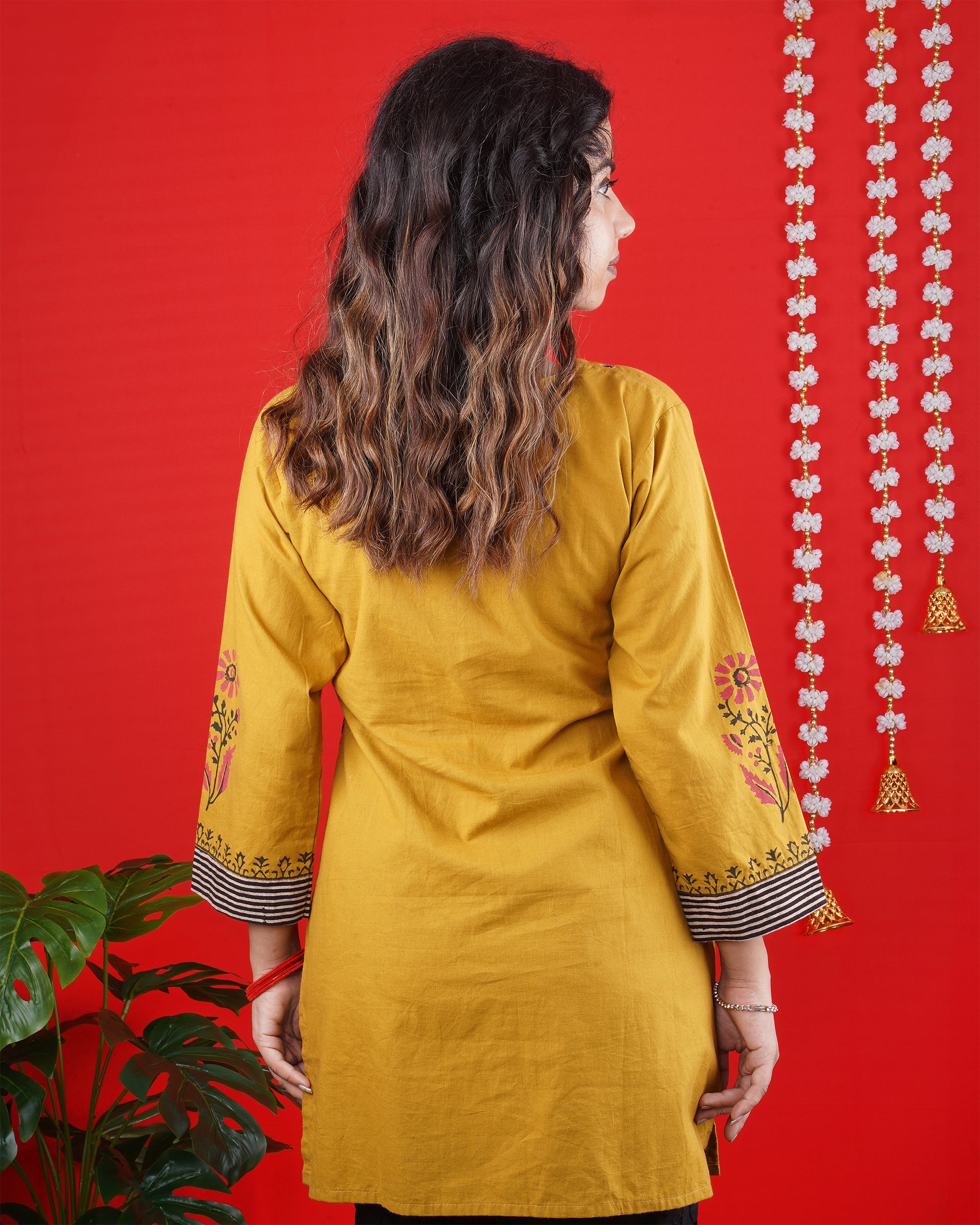 Mustard Yellow Printed Kurti with Striped Panel – Casual & Festive Wear