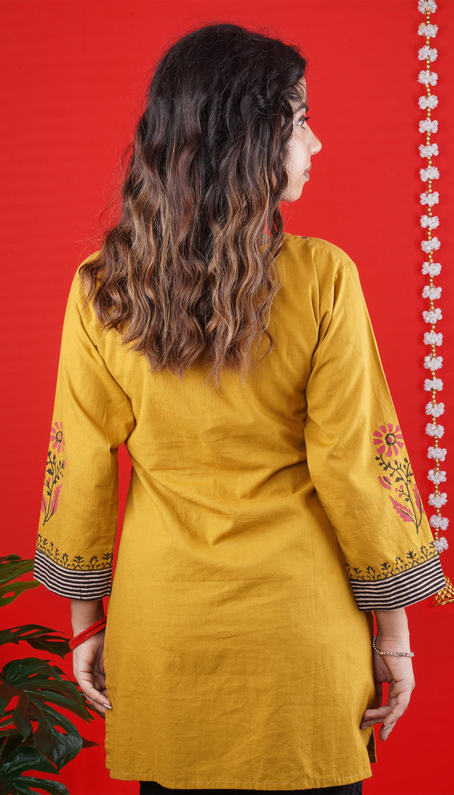 Mustard Yellow Printed Kurti with Striped Panel – Casual & Festive Wear