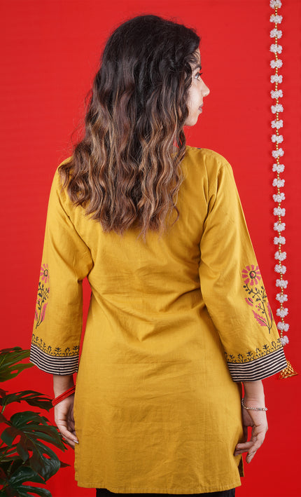 Mustard Yellow Printed Kurti with Striped Panel – Casual & Festive Wear