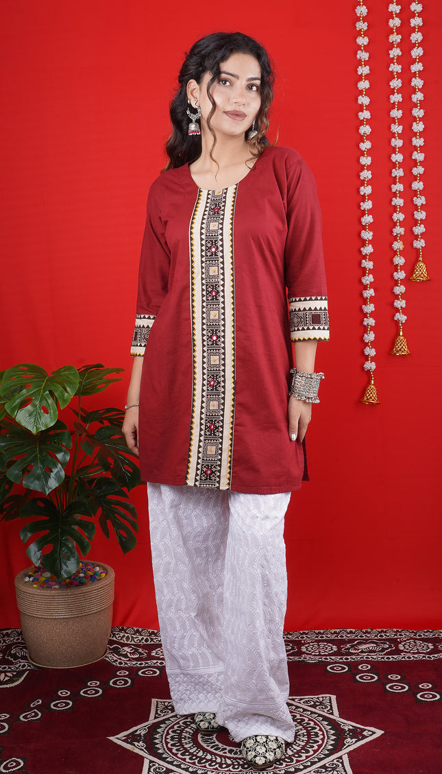 Maroon Embroidered Kurti with White Palazzo – Elegant Ethnic Outfit