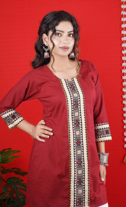 Maroon Embroidered Kurti with White Palazzo – Elegant Ethnic Outfit