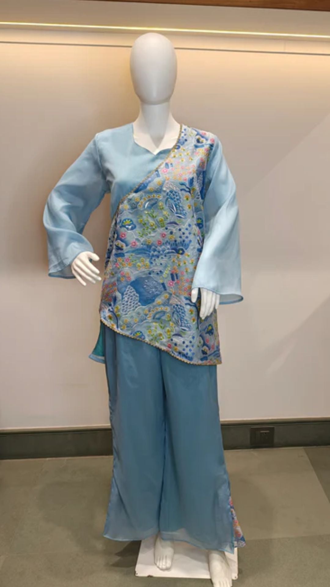 Sky Blue Draped Floral Fusion Co-ord Set