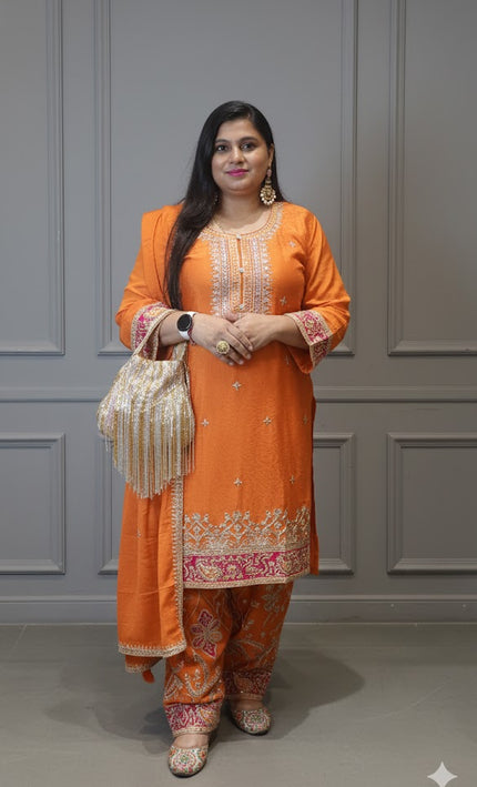 Sunset Glow Orange Punjabi Suit – Handcrafted Embroidered Elegance