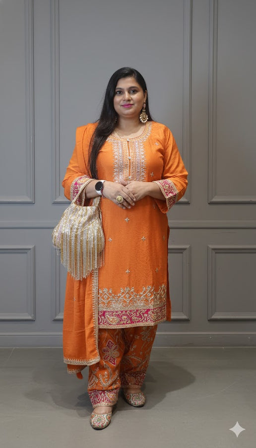 Sunset Glow Orange Punjabi Suit – Handcrafted Embroidered Elegance