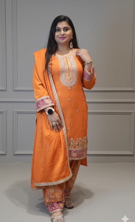 Sunset Glow Orange Punjabi Suit – Handcrafted Embroidered Elegance