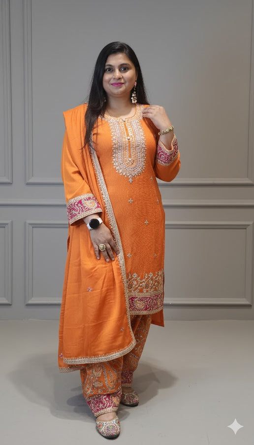 Sunset Glow Orange Punjabi Suit – Handcrafted Embroidered Elegance