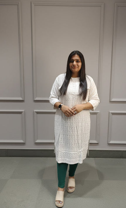 Elegant White Cotton Kurti with Subtle Self-Print – Minimal & Timeless