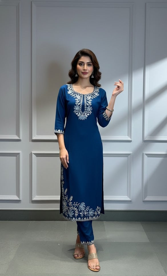 Regal Kashmiri Teal Blue Kurta Set